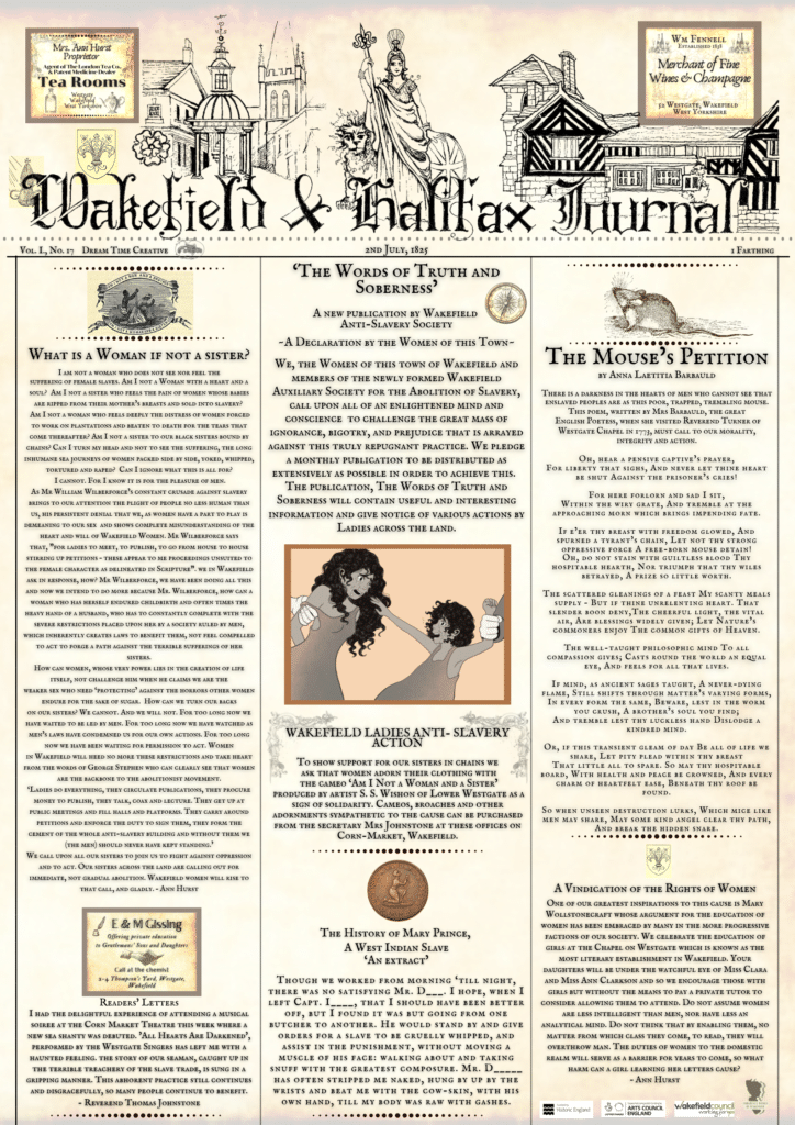 Mock-up of a page of the Wakefield and Halifax Journal by artist Shannon S. Wishon