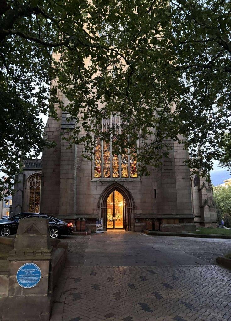 Wakefield Cathedral lit from within. 