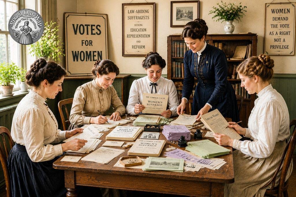 An image of suffragists preparing pamphlets to represent the forgotten women of wakefield newsletter