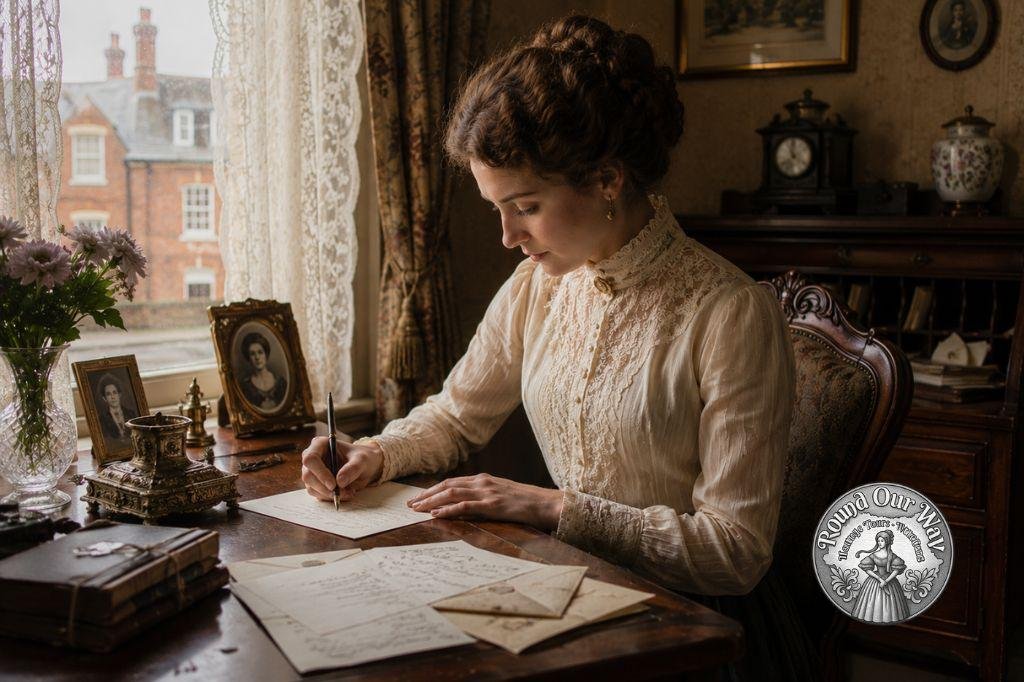 A victorian lady sitting at her desk writing a letter with light coming in from a nearby window
