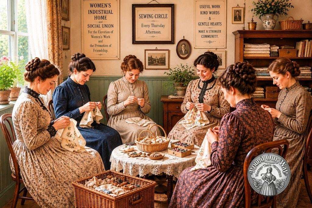 a group of victorian women sewing together