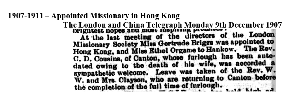 Newspaper clipping from December 1907 showing Gertrude Briggs' appointment to Hong Kong