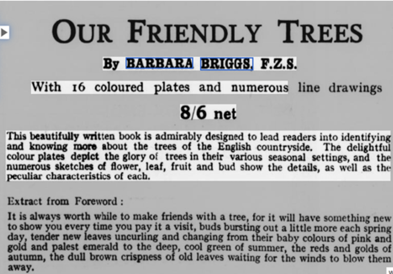 Bookseller advertisement from Friday 3 February 1933, recommending Barbara Briggs's animal and botanical illustrations for educational use